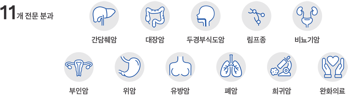 11개 전문 분과 : 간담췌암,대장암,두경부식도암,림프종,비뇨기암,부인암,위암,유방암,폐암,희귀암,완화의료